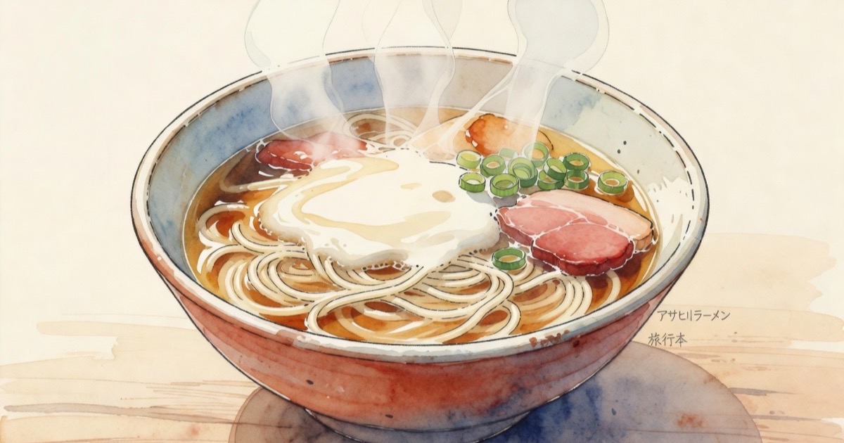 A steaming bowl of Asahikawa shoyu ramen with a thick layer of lard on top
