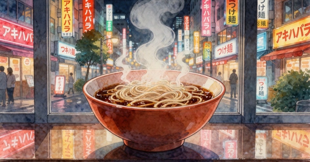 Watercolour illustration of Akihabara street scene with a steaming bowl of ginger shoyu ramen in the foreground