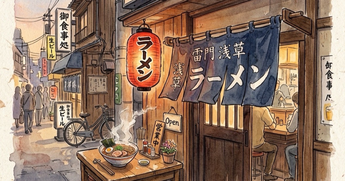Watercolour illustration of a traditional ramen shop in Asakusa with the Senso-ji temple pagoda visible in the soft background