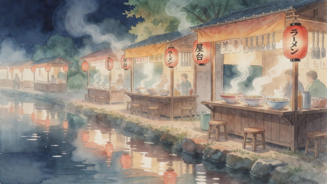 Fukuoka yatai outdoor food stall at night with lanterns and customers eating ramen under canvas awning