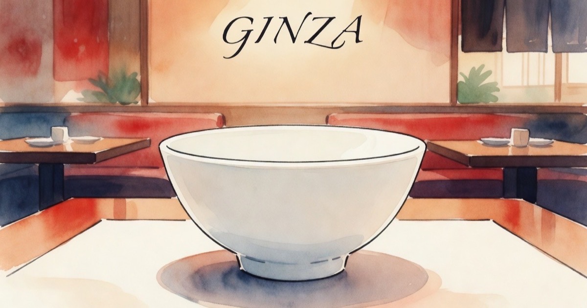 Watercolour illustration of an elegant Ginza ramen bowl