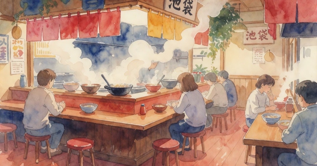 Watercolour illustration of ramen in an Ikebukuro neighbourhood shop