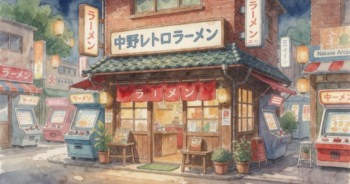 Watercolour illustration of a casual Nakano or Koenji ramen shop bowl