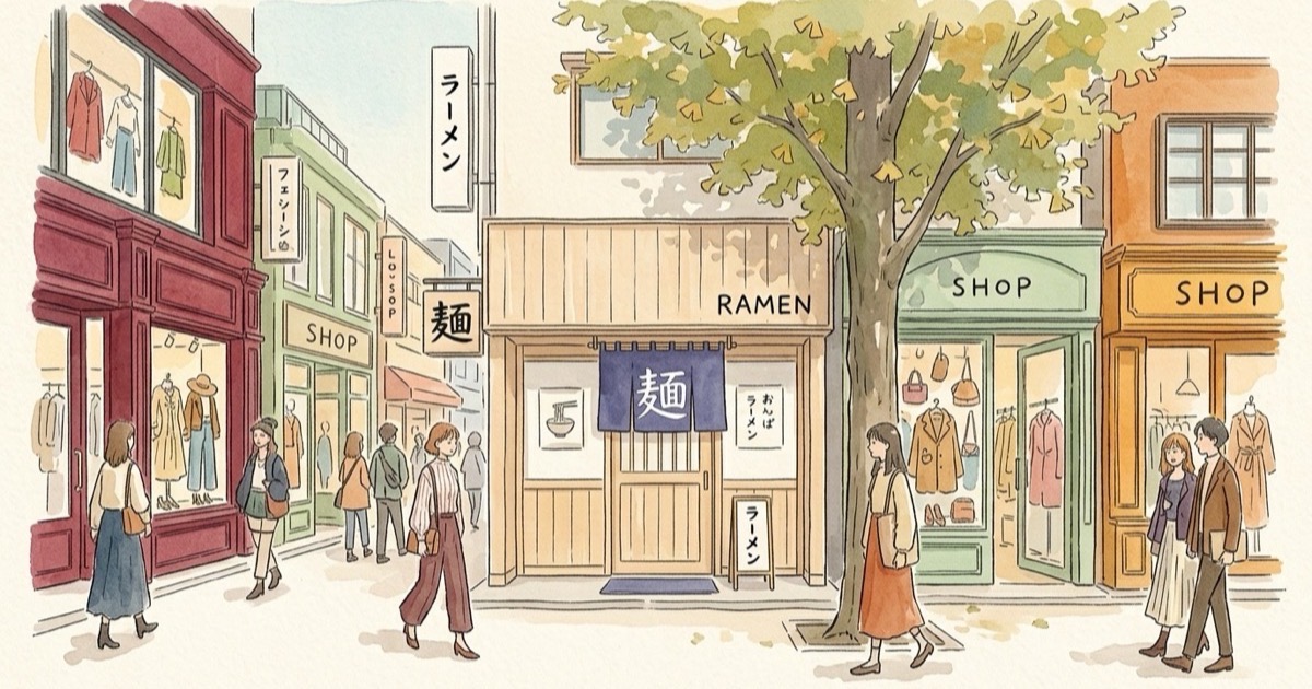 Watercolour illustration of Harajuku street with clear blue sky and a ramen shop between boutiques