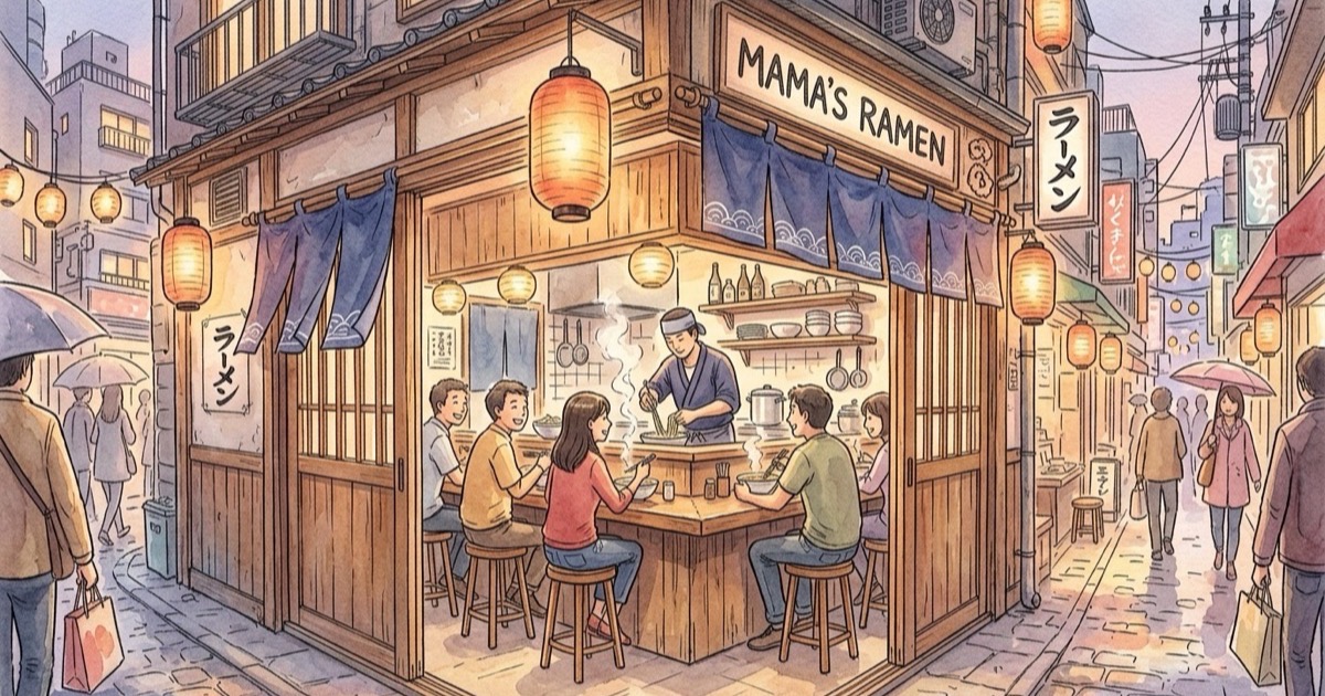 Watercolour illustration of a cozy Shibuya ramen shop tucked in a side street with glowing lanterns Watercolour illustration of a cozy Shibuya ramen shop tucked in a side street with glowing lanterns