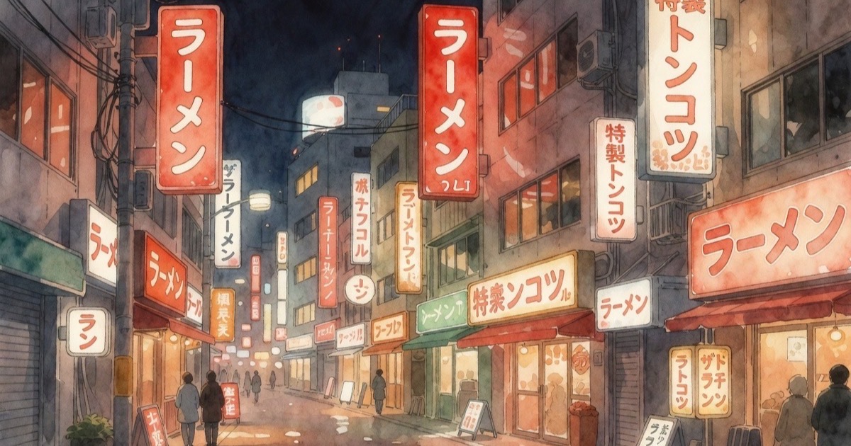 Watercolour illustration of neon-lit Shinjuku streets at night with ramen shop signs glowing
