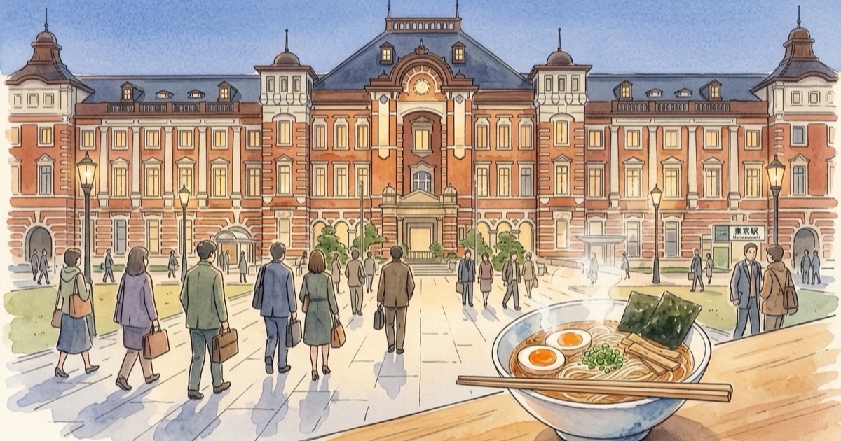 Watercolour illustration of the red-brick Tokyo Station facade with passengers and a bowl of ramen in the foreground