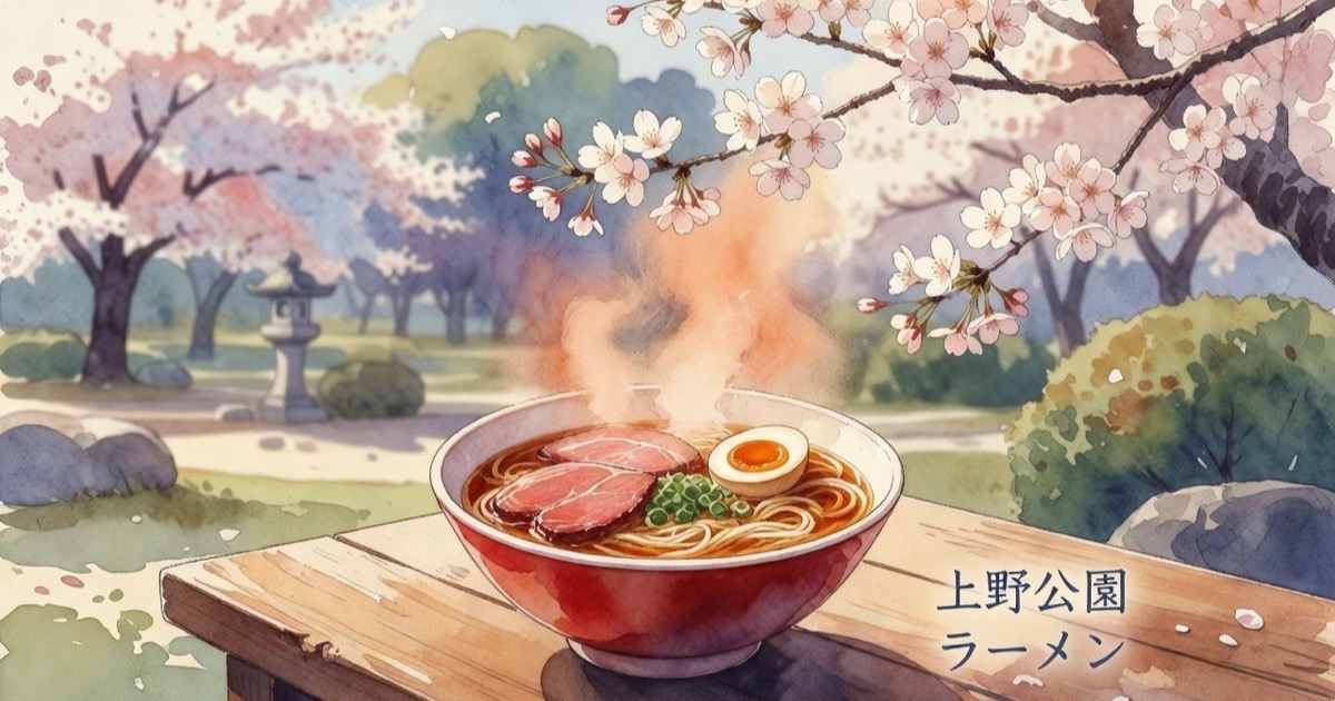Watercolour illustration of ramen with soft Ueno park autumn mood