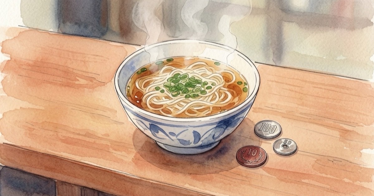 Watercolour illustration of coins and a ramen bowl, simple and honest presentation