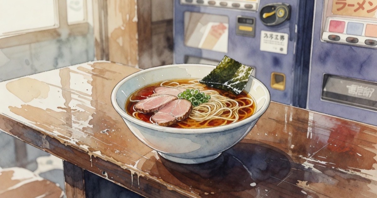 Watercolour illustration of an affordable Tokyo ramen bowl on a neighbourhood counter