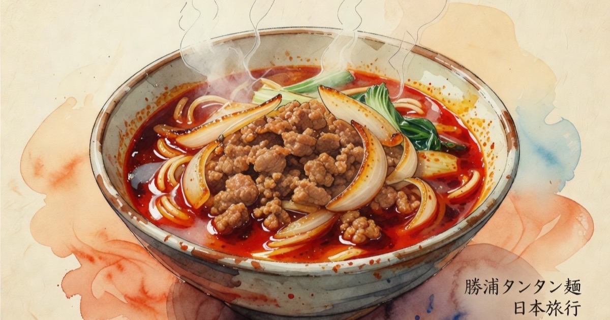 A fiery bowl of red Katsuura tantanmen topped with stir-fried onions, minced pork, and fresh green spring onions