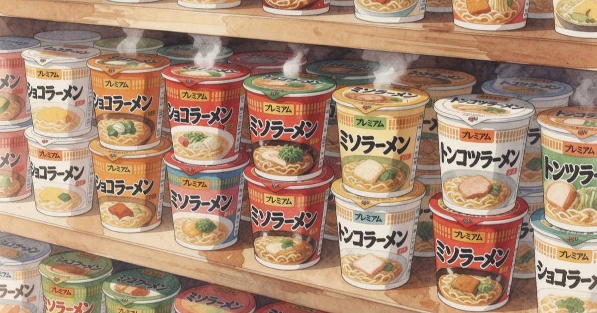 Brightly lit shelves inside a Japanese convenience store packed with colourful instant ramen bowls