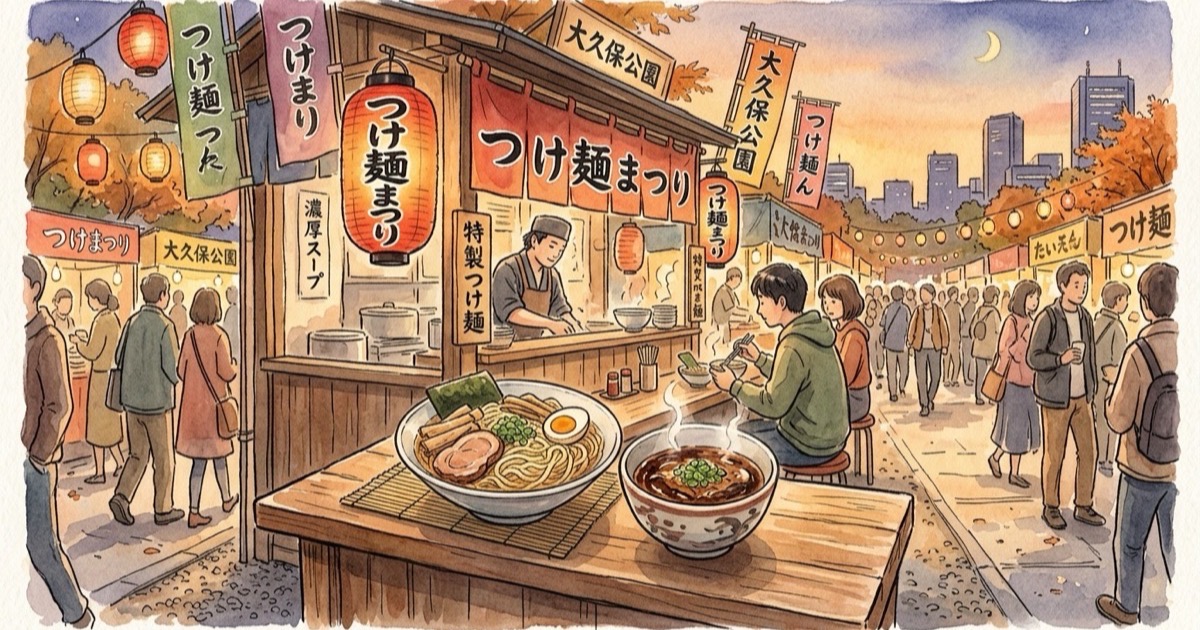 Soft Japanese watercolour illustration of Dai Tsukemen Haku dipping noodle festival in Okubo Park Shinjuku