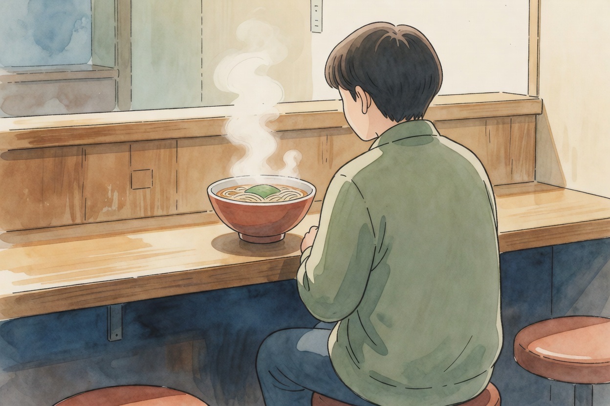 Solo diner at a ramen counter eating alone with a bowl of ramen and a glass of water