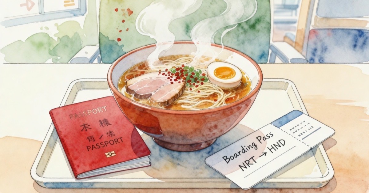 A traveller's suitcase next to a table with a hot bowl of airport ramen