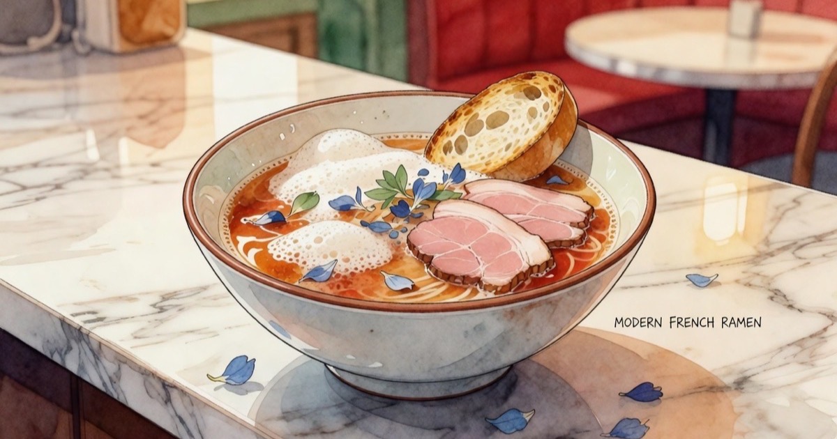 Watercolour illustration of a modern French ramen bowl with salmon oil foam and a baguette crouton Watercolour illustration of a modern French ramen bowl with salmon oil foam and a baguette crouton