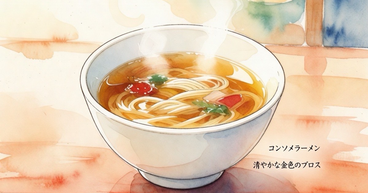 A glowing, crystal-clear golden bowl of consomme-style ramen at Michelin-starred Ginza Hachigo with a neat slice of chashu and bamboo shoots