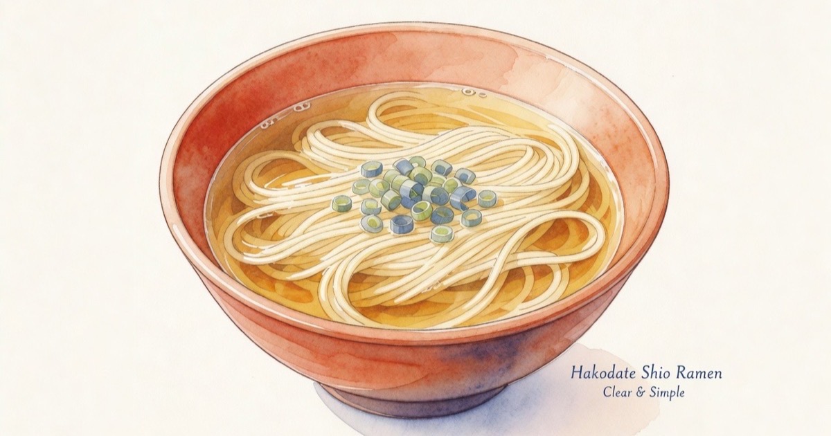 A pale ceramic bowl filled with crystal-clear Hakodate shio ramen, garnished with spring onions and chashu