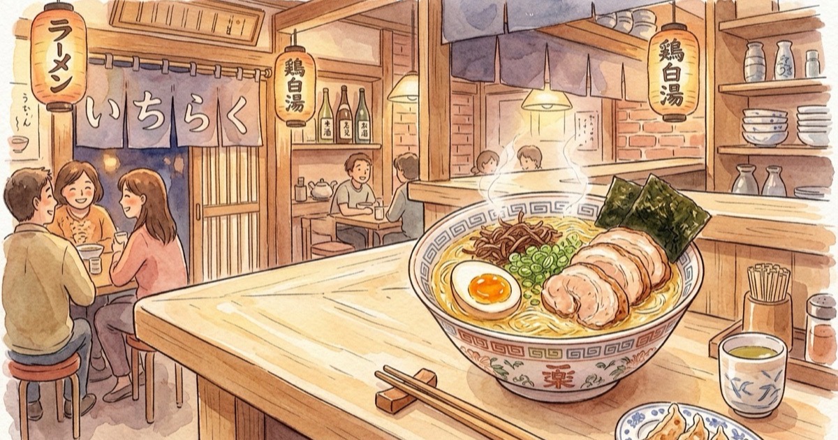 Watercolour illustration of a welcoming Tokyo ramen counter with a steaming bowl of golden chicken paitan ramen