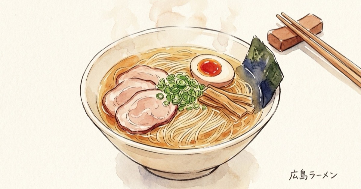 Watercolour illustration of a Hiroshima ramen bowl with thin clear broth and straight noodles
