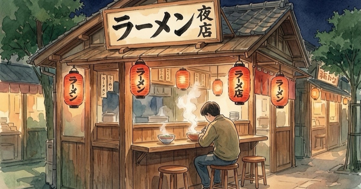 Watercolour illustration of a vintage Japanese ramen shop sign with Japanese lanterns