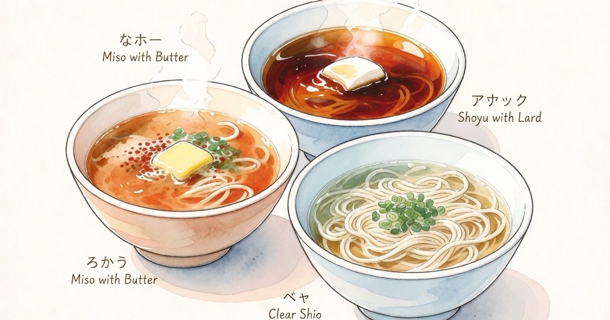 Three distinct bowls of Hokkaido ramen representing miso, shoyu, and shio styles