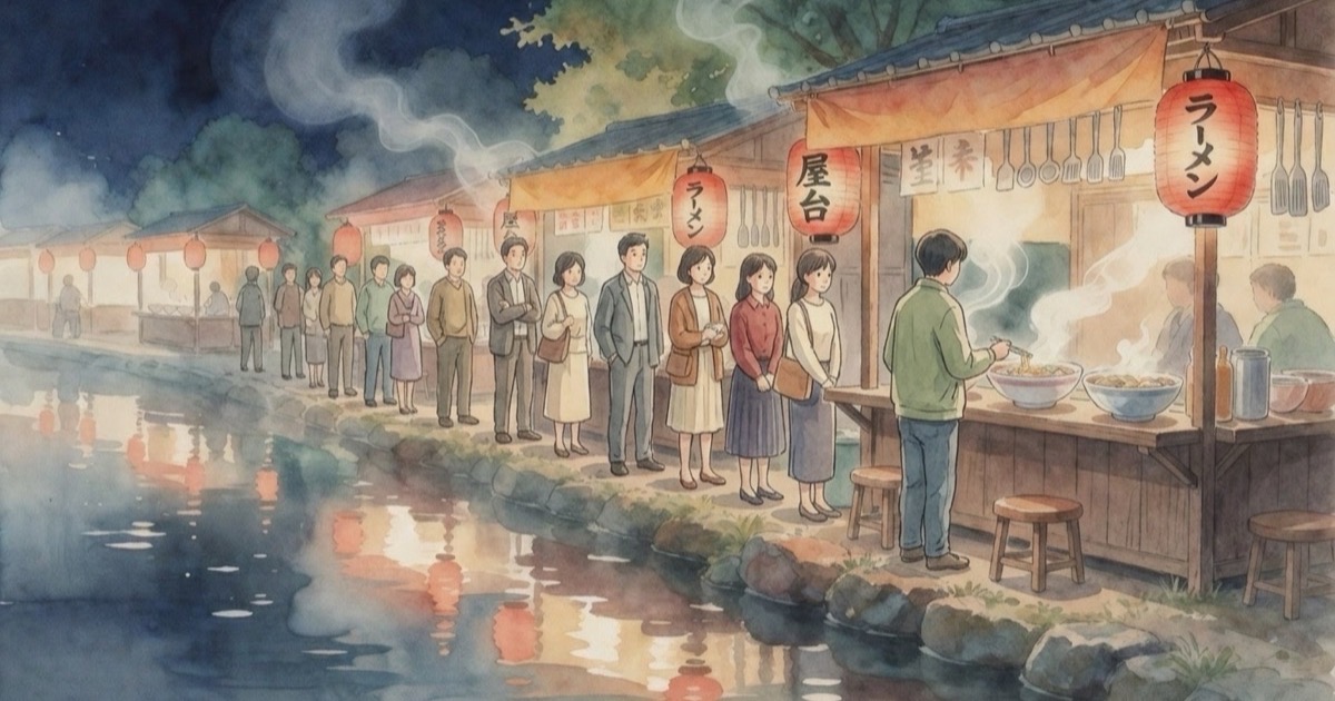 Watercolour illustration of a queue of people outside a small Japanese ramen shop, orderly and patient