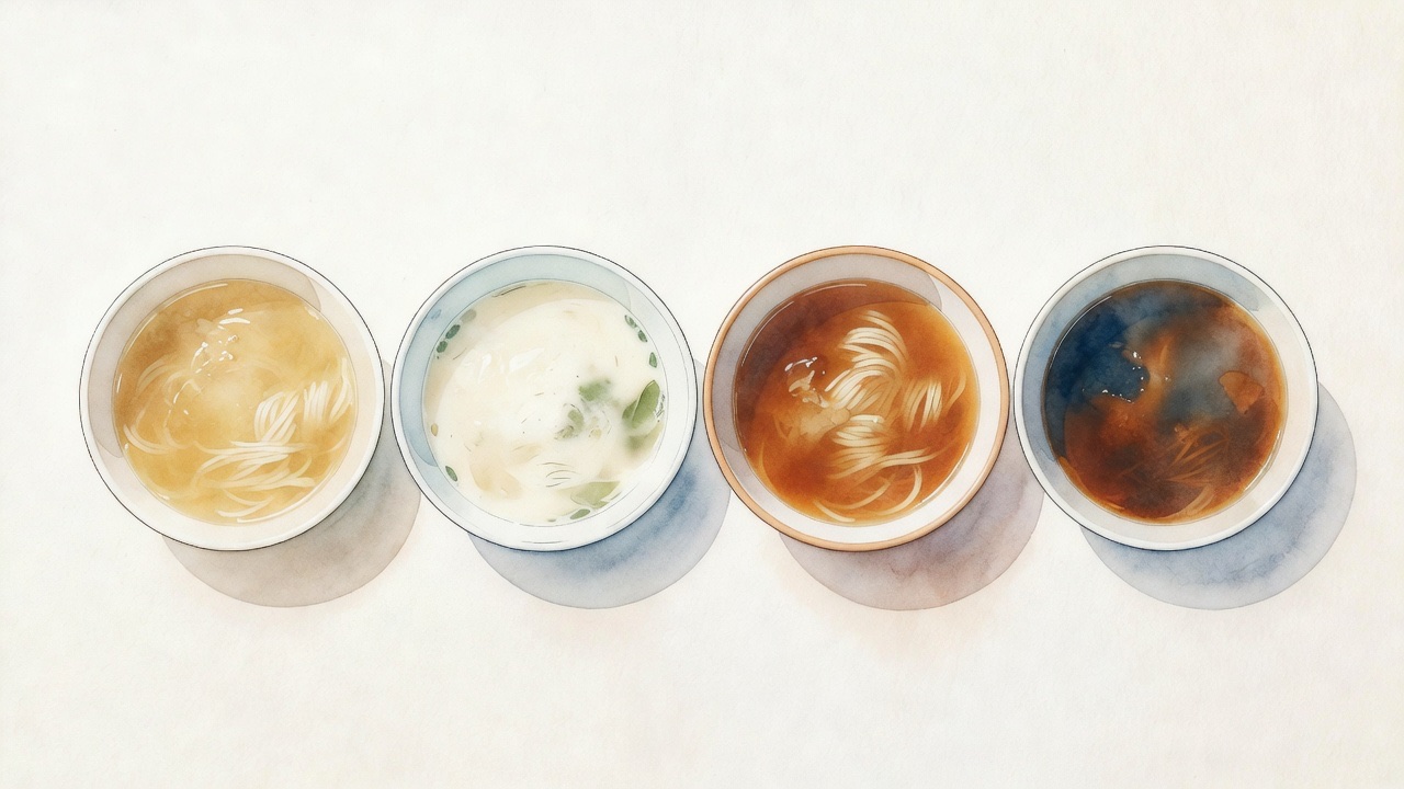 Four different ramen bowls side by side showing different broth colours from clear to dark