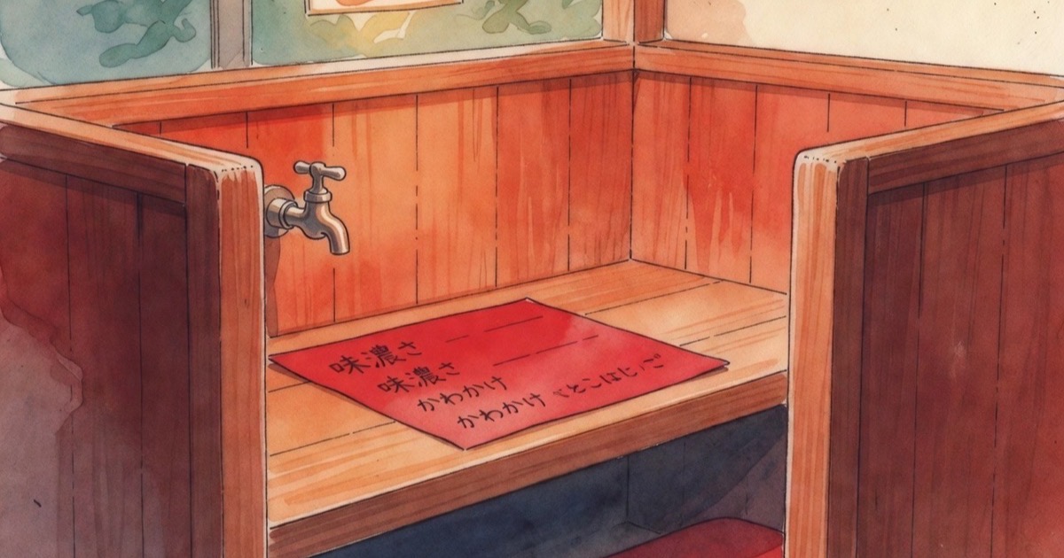 A customer dining inside a wooden solo booth at Ichiran Ramen, customizing their bowl using the paper order slip