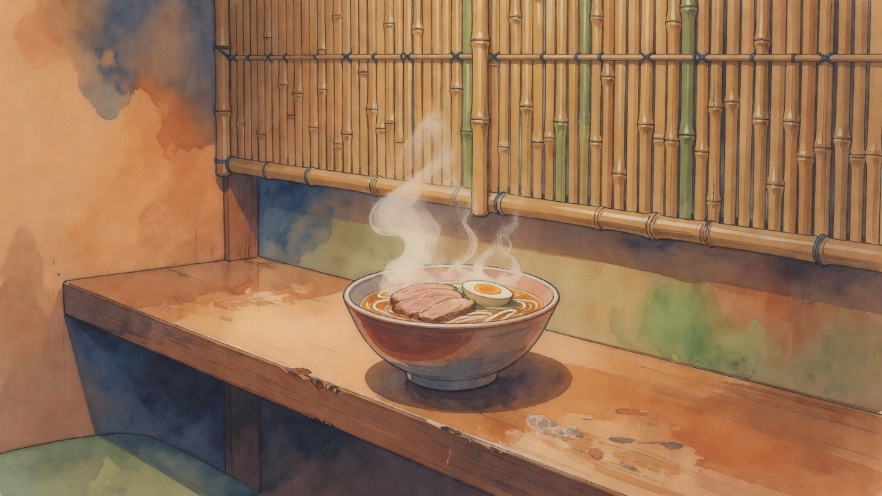 Empty solo dining booth at an Ichiran-style ramen restaurant with partition screen raised