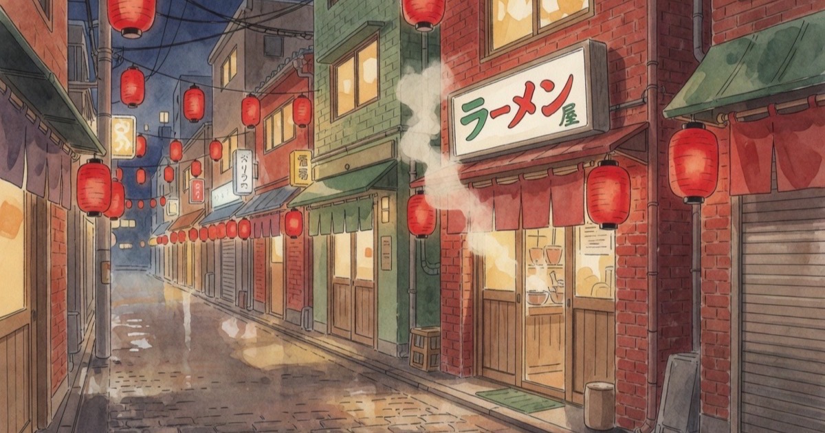 Watercolour illustration of the red-and-green Ichiran Kabukicho shop front with lanterns at night
