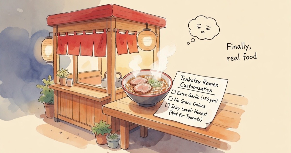 Watercolour illustration of a solo ramen booth and tonkotsu bowl