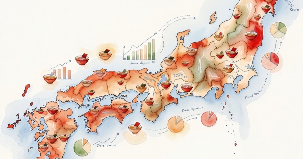 Watercolour illustration of a Japan map with ramen data points