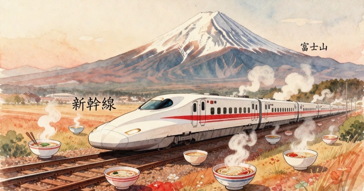 A Shinkansen bullet train passing by Mount Fuji, paired with a small insert of a Hakata ramen bowl