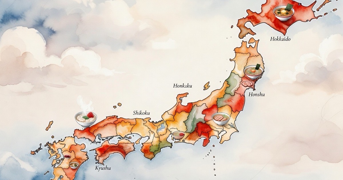Watercolour map of Japan featuring different regional ramen bowls in regional locations