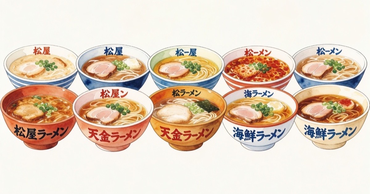 Watercolour illustration of a variety of ramen chain store signage in Japan
