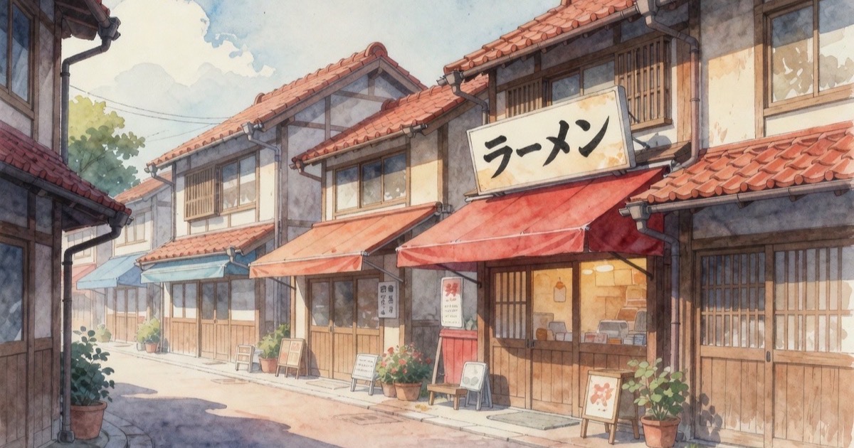 Watercolour illustration of a quiet small-town Japanese street with a ramen shop sign visible