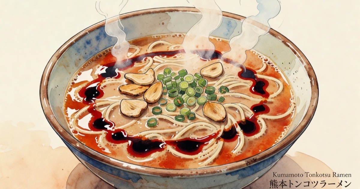 A bowl of Kumamoto-style tonkotsu ramen with black mayu oil floating on the surface