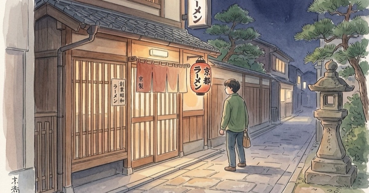 Watercolour illustration of a Kyoto ramen shop with wooden lattice facade and warm interior light