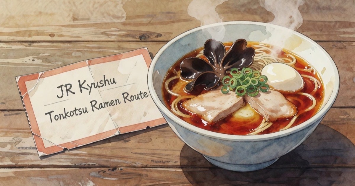 A traditional map of Kyushu highlighting the cities of Fukuoka, Kumamoto, and Kagoshima next to a bowl of creamy tonkotsu ramen