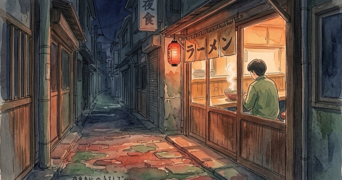 Watercolour illustration of a dimly lit Tokyo alley at 1am with one ramen shop glowing orange