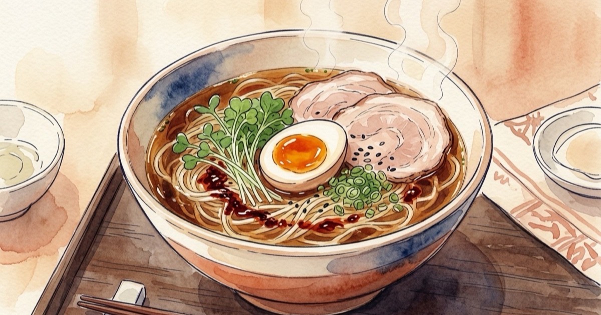 Watercolour illustration of a premium ramen bowl with precise toppings, fine dining presentation