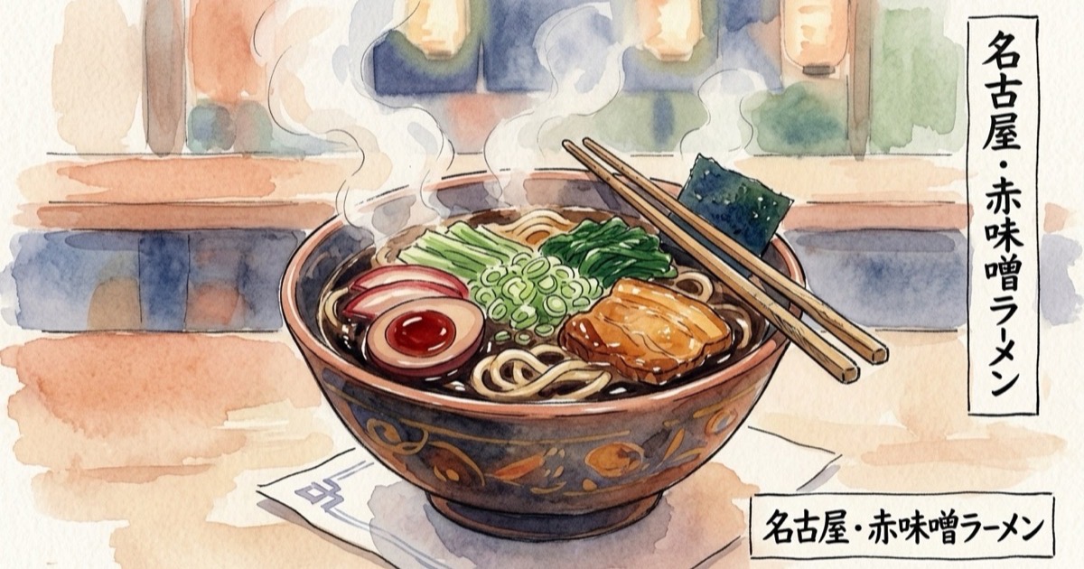 Watercolour illustration of a Nagoya ramen bowl with dark miso broth and thick noodles