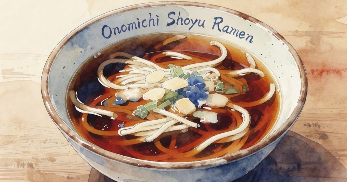 A beautiful bowl of Onomichi ramen showing clear shoyu broth with large floating white pork fat cubes and flat noodles