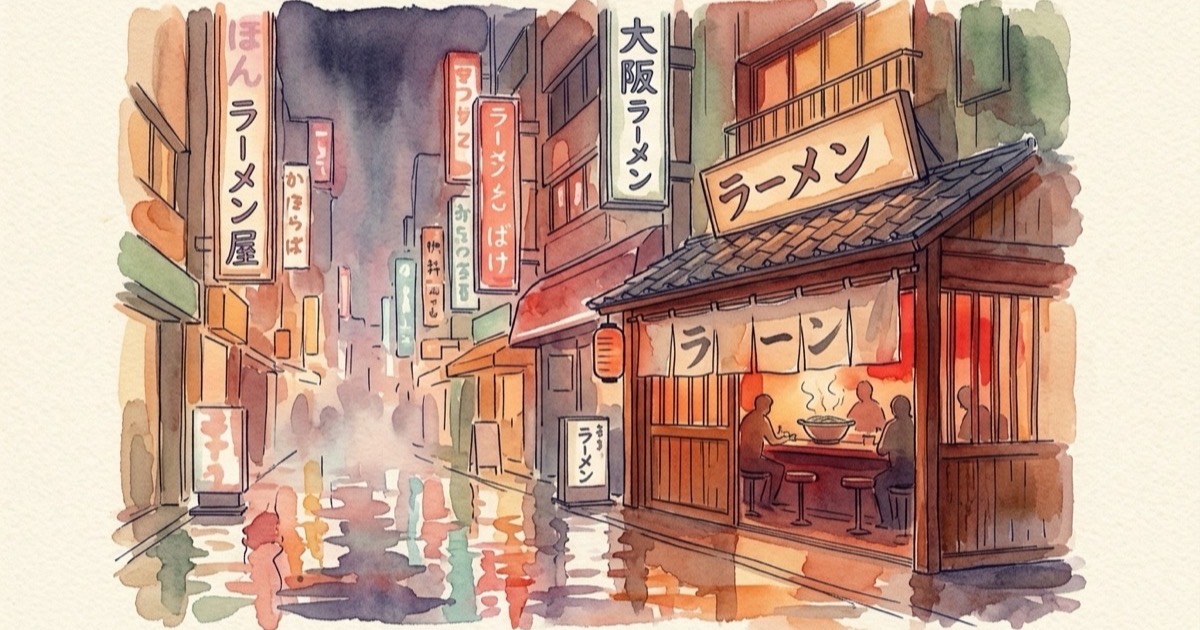 Watercolour illustration of an Osaka street at night with neon signs and a ramen shop glowing warmly