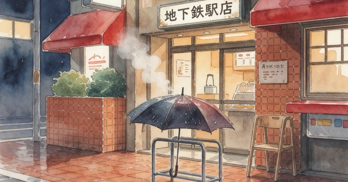 Rain drops on a window overlooking the neon lights of Shinjuku, with a bowl of ramen on a table