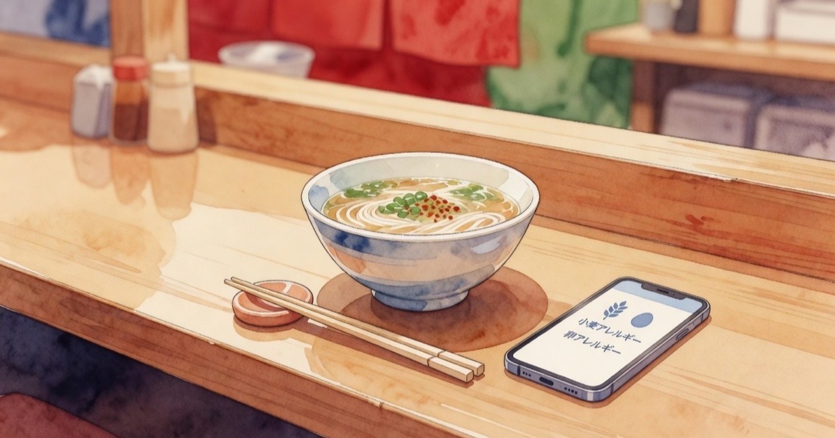 Watercolour illustration of a clean ramen counter with a smartphone showing dietary allergy symbols next to a bowl