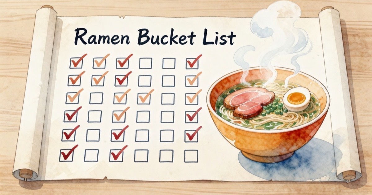 A collection of miniature ramen bowl photos arranged in a grid, representing a culinary bucket list