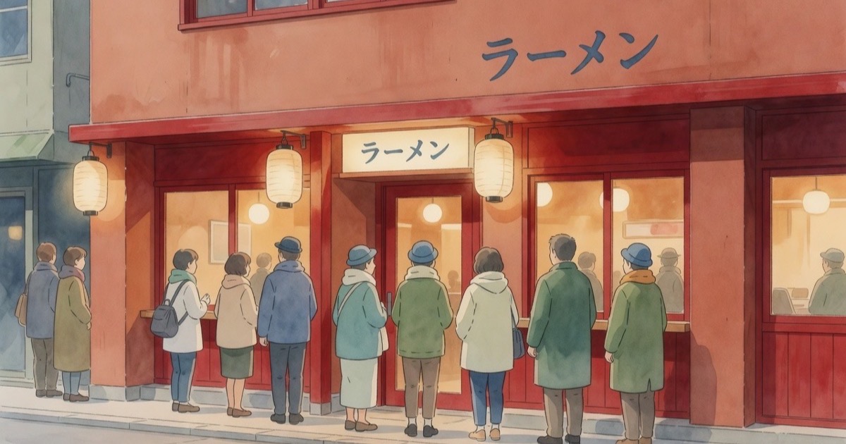 Watercolour illustration of a Japanese ramen restaurant facade with a well-known chain aesthetic