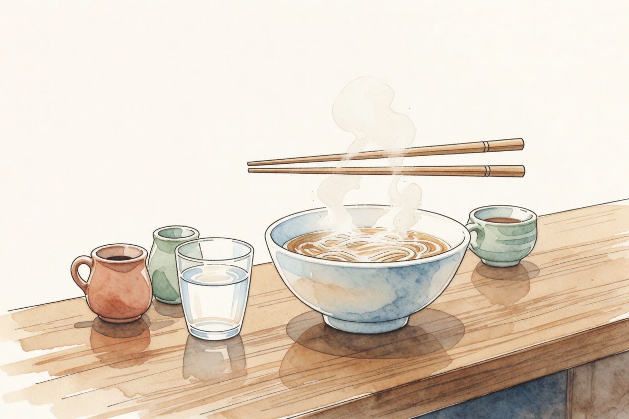 Diners at a ramen counter in Japan eating quietly with proper posture and minimal disturbance